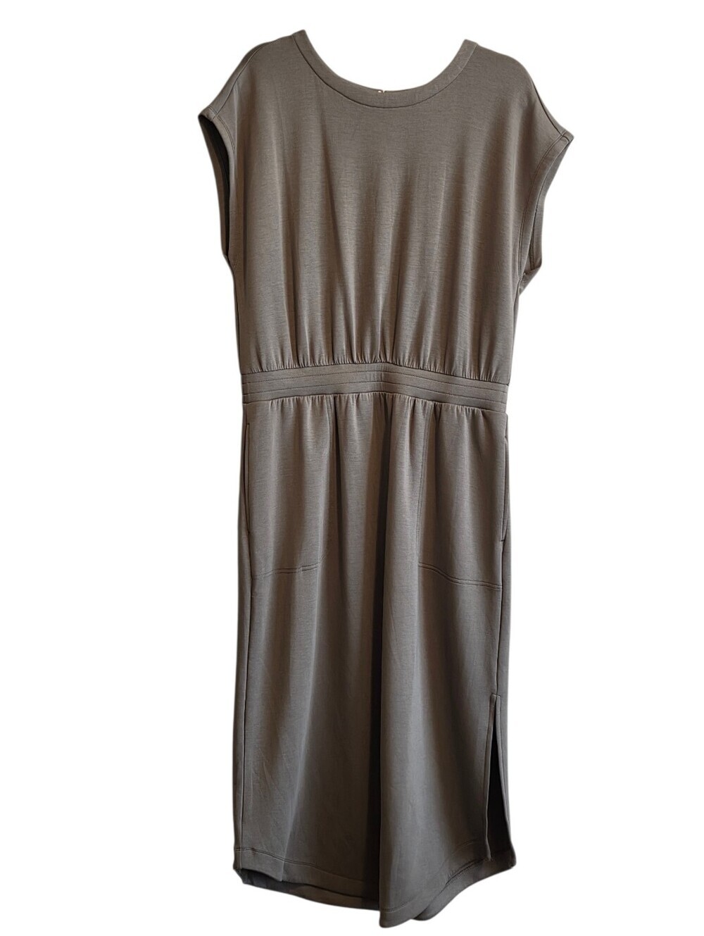 Lou & Grey Muted Olive Midi Dress Waistband Cap Sleeves Sz L Fall Minimalist